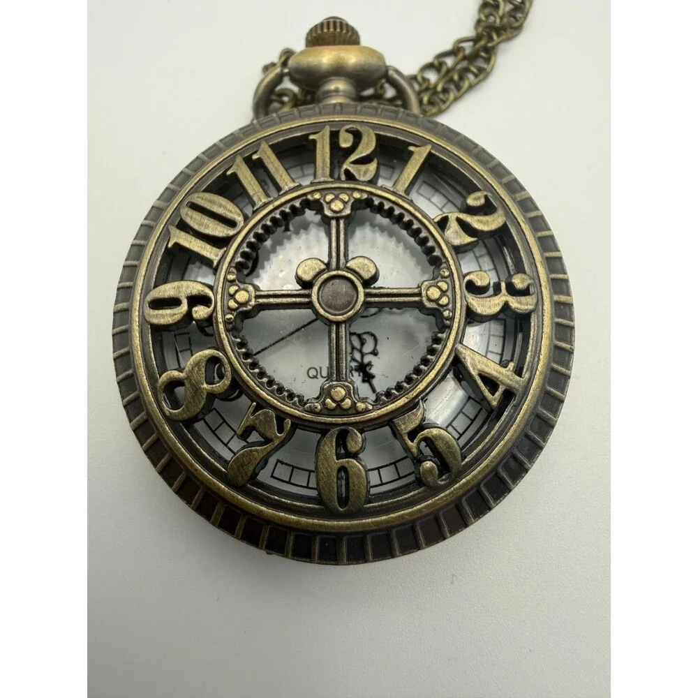 Steampunk Antique Bronze Unisex Quartz Pocket Watch Necklace Chain